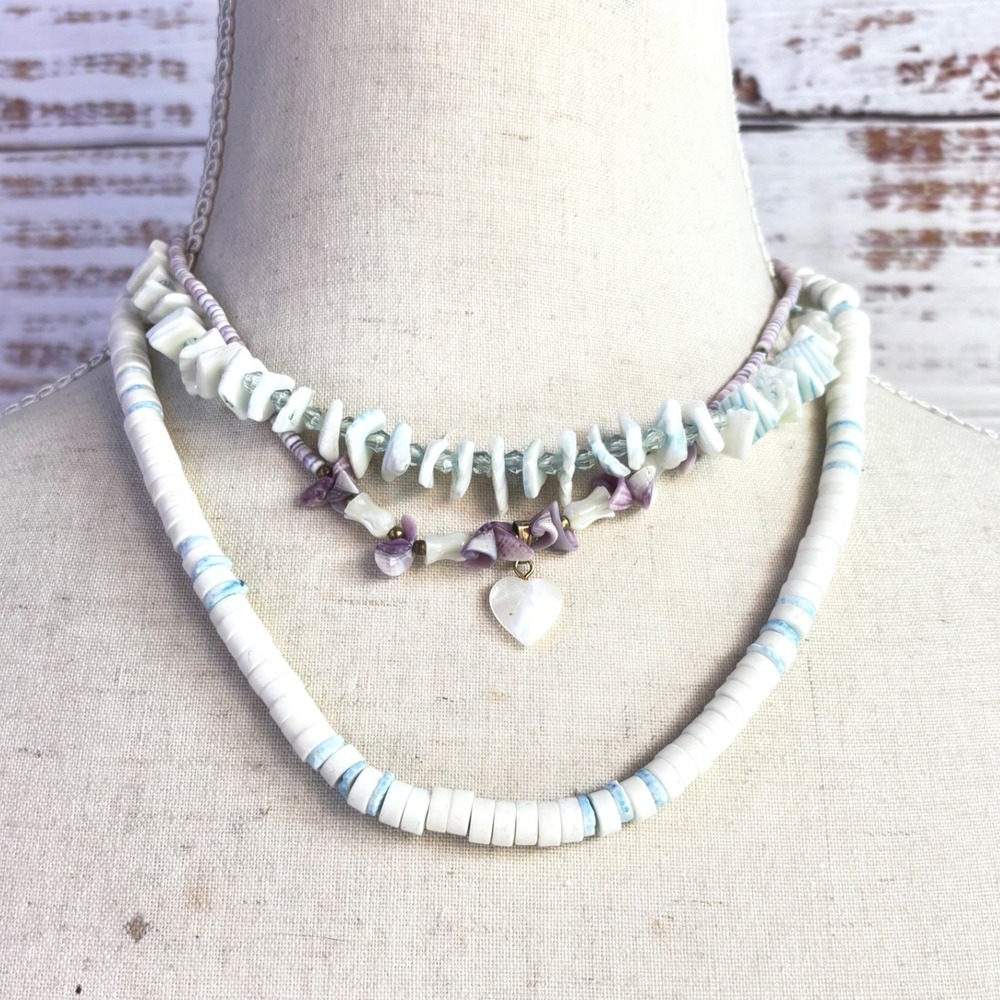 Mermaidcore Beachy Vintage Layered Shell Necklace Set White Purple Shell